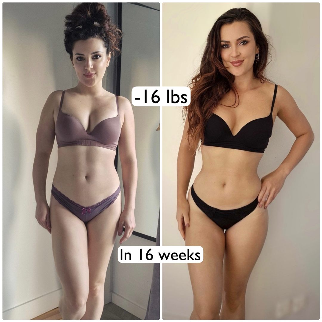 Pernille's before and after: -16 lbs in 16 weeks.