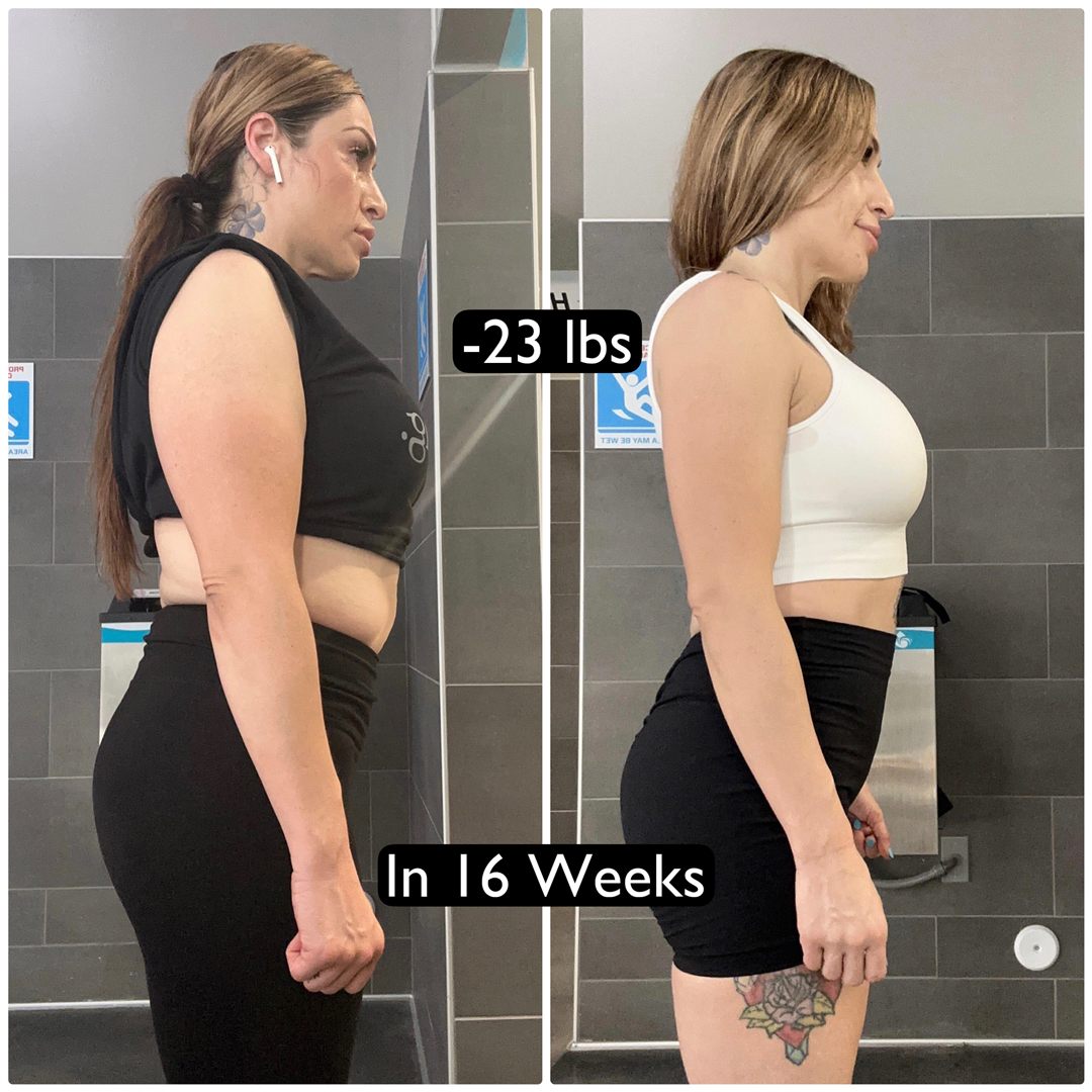 Sarah's before and after: -23 lbs in 16 weeks.